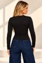 Women's Black Modal Fabric Asymmetrical Cut Draped Long Sleeve Blouse with Gold Accessory Detail - 3