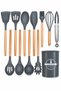 Gray 11-Piece Bamboo Handle Silicone Kitchen Utensil Set with Spoon Holder, Heat-Resistant Spatula, Ladle, Whisk, Tongs Set