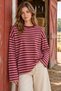 Women's Pink Burgundy Striped Oversize Crew Neck Long Sleeve T-Shirt