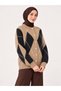 Women's Diamond Patterned 7-Button Crew Neck Long Sleeve Bearded Shawl Collar Knitwear Jacket-Mink - 7