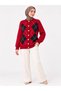 Women's Diamond Patterned 7-Button Crew Neck Long Sleeve Bearded Shawl Collar Knitwear Jacket-Red