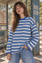 Women's Navy Blue Black Striped Long Sleeve Oversize T-Shirt with Crew Neck - 5