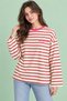 Women's Pink Striped Long Sleeve Oversize T-Shirt with Crew Neck - 2