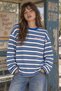 Women's Navy Blue Black Striped Long Sleeve Oversize T-Shirt with Crew Neck