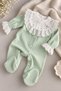 Baby Girl Mint Green Scallop Lace Collar Floral Embroidered Romper with Booties – 100% Cotton Ribbed Baby Romper - 3