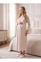 New Season Beige Shawl Collar Patterned Winter Full-Length Button Detailed Design Long Sleeve Maternity Nightgown 2-Piece Set - 4