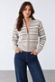 Women's Brown Stand Collar Striped Zippered Wool Cardigan