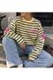 Women's Striped Pink Star Printed Crew Neck Oversize Sweatshirt - 2