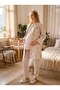 New Season Beige Patterned Shawl Collar 100% Cotton Winter Long Sleeve Special Design Maternity Pajama Set with Nursing Features - 2
