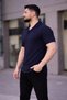 Marchè Bien Men's Waffle Fabric Short Sleeve Buttoned Open Collar Regular Fit Shirt - Navy Blue