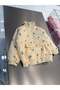 Girl's Cotton Blue Floral Patterned Ecru Half-Zipper Coat - 2