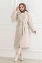 Women's Cashmere Coat Long Length Double Breasted Collar Belted Hijab Cashmere Coat Lined Wool - Beige - 4