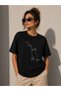 Women's Minimal Cat Illustration Printed T-Shirt Short Sleeve Summer T-Shirt - Black - 2