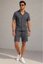 Marchè Bien Men's 2-Piece Crepe Fabric Pocket Shirt Shorts Set Short Sleeve Lace-Up - Black & Smoked - 3