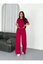 Women's Osy Modal Soft Textured Fabric Crew Neck T-Shirt Wide Leg Pants Two-Piece Set - Burgundy - 5