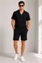 Marchè Bien Men's 2-Piece Crepe Fabric Pocket Shirt Shorts Set Short Sleeve Lace-Up - Black & White - 7