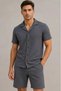 Marchè Bien Men's 3-Piece Crepe Fabric Pocket Shirt Shorts Set Short Sleeve with Laces - Smoked, Black, Beige - 2