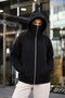 Women's Masked Ninja Model Double Hooded 3 Thread Raster Zipper Oversize Sweatshirt - Black - 4