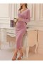 Women's Long-Sleeve Double-Breasted Neck Gathered Waist Midi Velvet Dress - 3