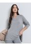 Grey V Neck Long Sleeve Oversized T-Shirt