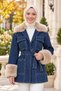 Women's Belted Pocketed Fur Detailed Dark Blue Denim Jacket