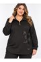 Collar Zipper Detail Large Size Knitted Modal Sweatshirt Black - 2