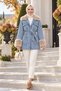 Women's Belted Pocketed Fur Detailed Light Blue Denim Jacket - 5