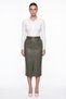 Women's Khaki Winter High-Waisted Belted Faux Leather Skirt with Front Slit and Stone Detail