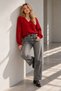Women's Red V-Neck Openwork Long Sleeve Knitwear Blouse - 7