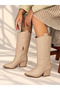 Limona Beige Patent Leather Straw Patterned 6 cm Heel Women's Boots