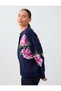 Navy Blue Floral Patterned Round Neck Knitwear Cardigan - 5