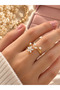 Elegant Women's Ring with Pearl Detail and Flower Figure, Gold Color Leaf Design - 2