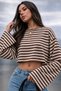 Women's Crew Neck Striped Loose Fit Crop Blouse - 2