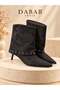 Lucia Women's Black Suede Look Metal Ring Detailed Pointed Toe 5 cm Thin Heeled Short Boots Bootie - 2