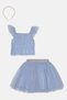 Toddlers Girl 3 Pcs Mesh Top And Skirt With Head Band Set, Dusty Blue - 3