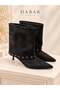 Lucia Women's Black Suede Look Metal Ring Detailed Pointed Toe 5 cm Thin Heeled Short Boots Bootie - 3