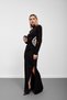 Black High-Necked Long Dress with Window Detail and Stone Embellishments - 3