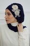 Chiffon Ready-To-Wear Turban with Side Ruffles and Floral Accessories, Ht-102, Ht-102 Navy Blue-Gold - 3
