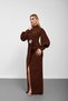Brown High Collar Brooch Detailed Balloon Sleeve Long Dress - 5