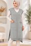Women's V-Neck Sleeveless Knitted Patterned Double Pocket Soft Textured Relaxed Fit Stylish Casual Gray Knitwear Long Sweater Salopet