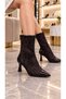 Lavenya Women's Bitter Brown Floral Patterned Lace Patent Leather Decorated Pointed Toe Zippered 7 cm Goblet Heeled Boots Bootie - 2