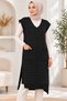 Women's V-Neck Sleeveless Knitted Patterned Double Pocket Soft Textured Relaxed Fit Stylish Casual Black Knitwear Long Sweater Salopet - 5