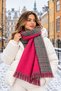 Marbella |   Fuchsia Pink Black White Houndstooth Patterned Double-Sided Women's Shoulder Shawl, Tasseled Winter Warm Scarf - 2