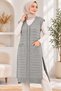 Women's V-Neck Sleeveless Knitted Patterned Double Pocket Soft Textured Relaxed Fit Stylish Casual Gray Knitwear Long Sweater Salopet - 5
