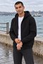 Hooded 3 Thread Full Zipper Hooded and Pocketed Winter Men's Black Sweatshirt - 2