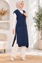 Women's V-Neck Sleeveless Knitted Patterned Double Pocket Soft Textured Relaxed Fit Stylish Casual Navy Blue Knitwear Long Sweater Salopet