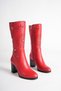 Women's Genuine Leather Star and Laser Cut Detailed Heeled Boots - Red - 4