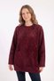 Women's Burgundy Diamond Patterned Sequin Embroidered Crew Neck Soft Textured Fuzzy Sweater