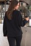 Women's Relaxed Fit Sweatshirt Basic Black – Crew Neck, 3 Thread Ribbed, Drop Shoulder, Wide Sleeves - 3