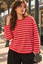Women's Red Pink Striped Crew Neck Oversize Sweatshirt - 4